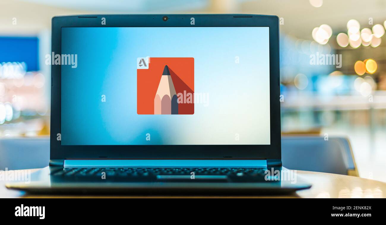 POZNAN, POL - JAN 6, 2021: Laptop computer displaying logo of SketchBook, a raster graphics software application intended for expressive drawing and c Stock Photo