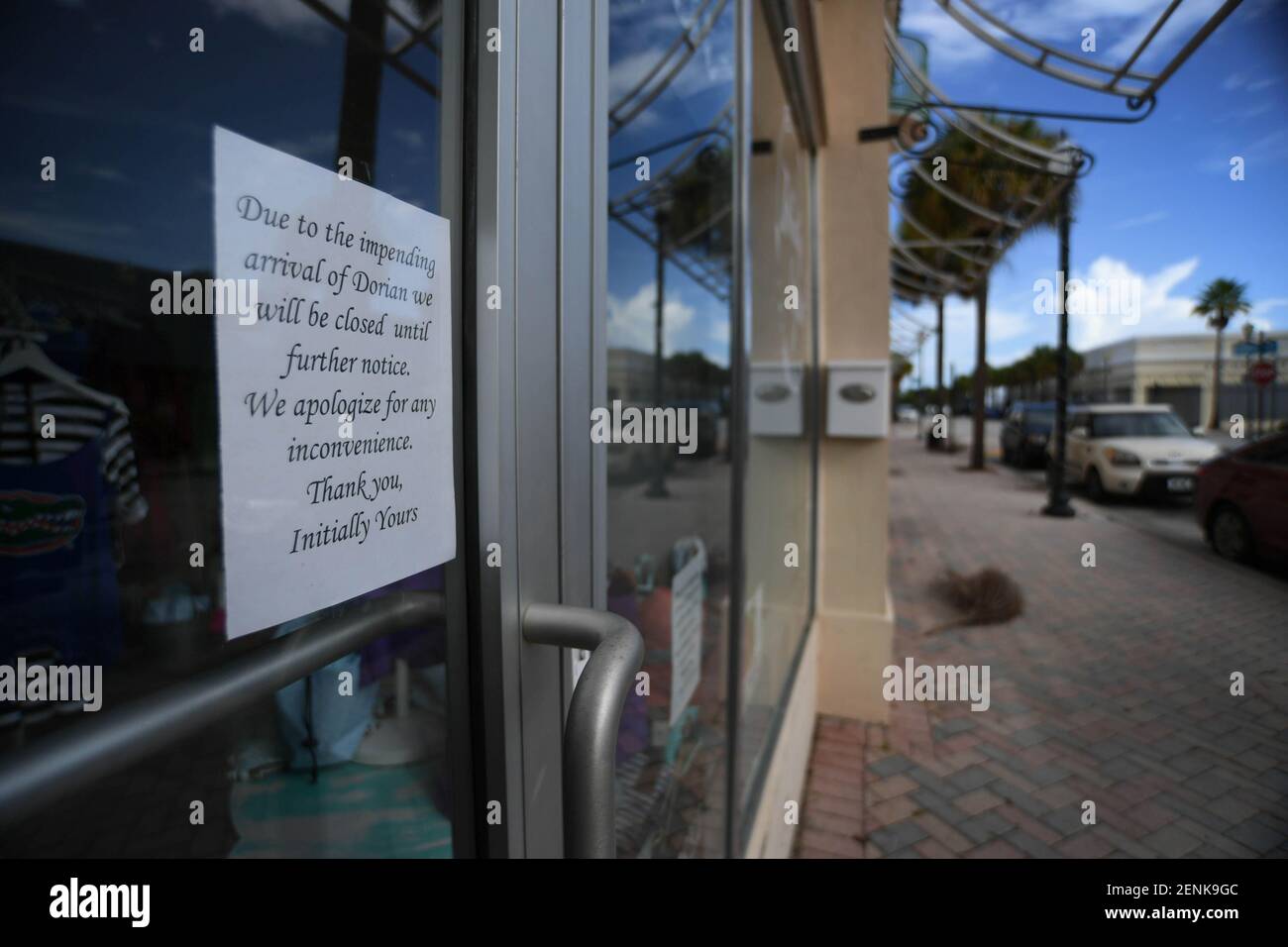 Aug 31, 2019; Fort Pierce, FL, USA; A sign on the door of the art gallery, Initially Yours, is posted in downtown Fort Pierce Saturday, Aug. 31, 2019, as most businesses are closed in anticipation of the arrival of Hurricane Dorian, currently approaching Florida as a category 4 storm. Mandatory Credit: Eric Hasert/Treasure Coast News via USA TODAY NETWORK/Sipa USA Stock Photo