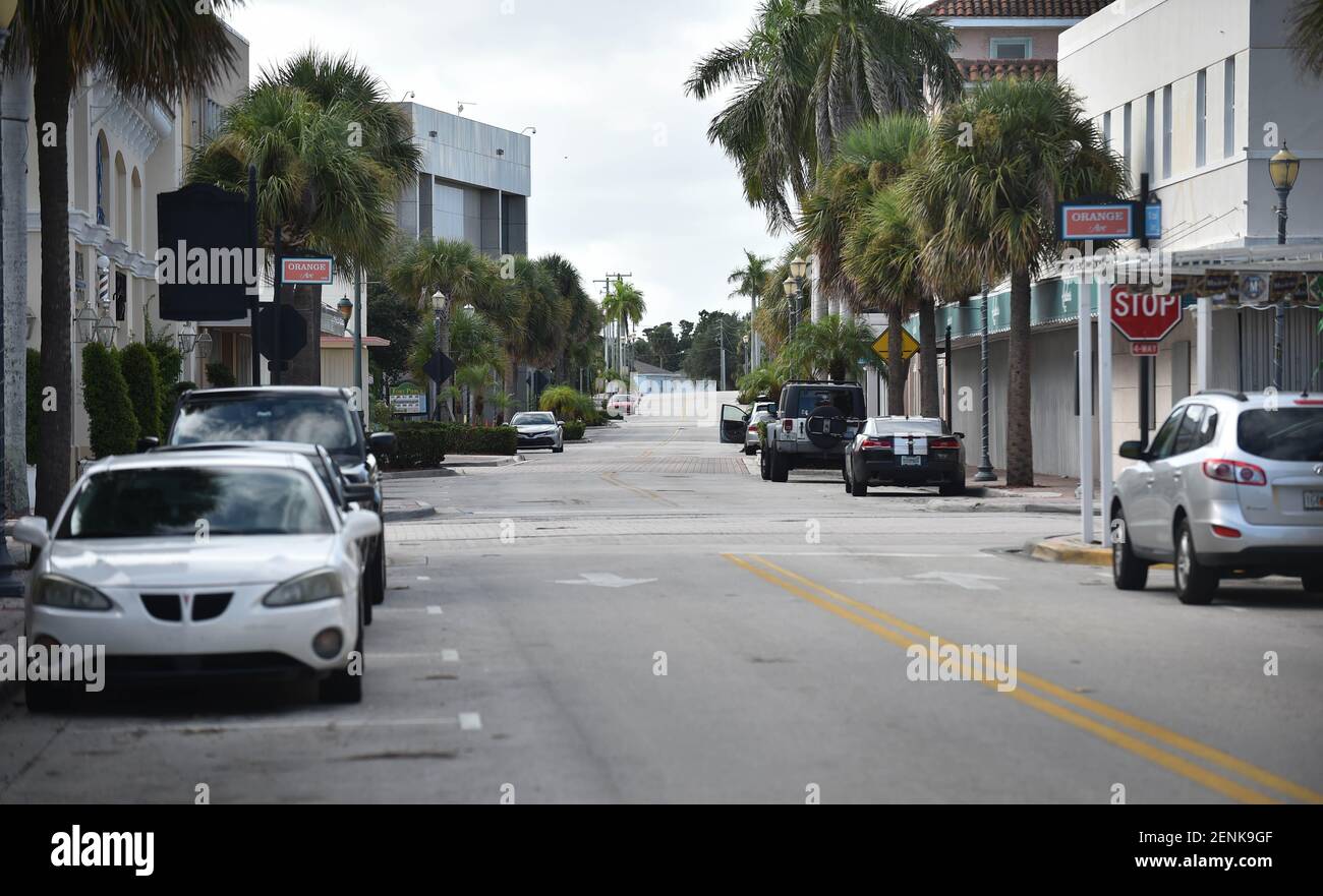 Aug 31, 2019; Fort Pierce, FL, USA; The downtown area of Fort Pierce near Orange Avenue is very quiet with most businesses closed Saturday, Aug. 31, 2019, as Hurricane Dorian approaches Florida as a dangerous category 4 storm. Mandatory Credit: Eric Hasert/Treasure Coast News via USA TODAY NETWORK/Sipa USA Stock Photo