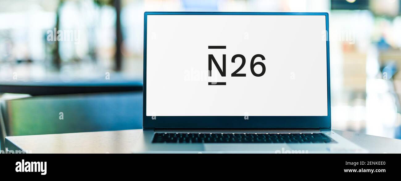 POZNAN, POL - JAN 6, 2021: Laptop computer displaying logo of N26, a German neobank headquartered in Berlin, Germany Stock Photo