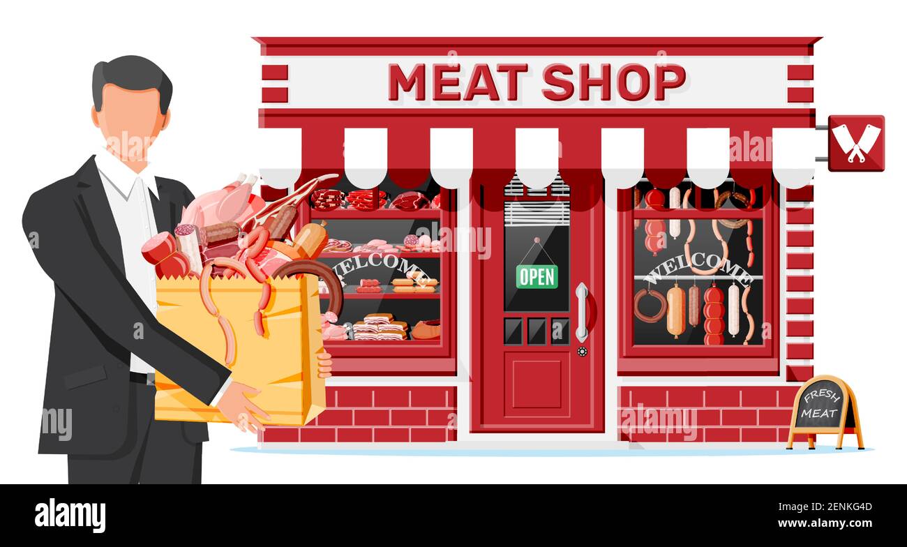 Butcher shop store facade with man customer. Meat street market. Meat store stall showcase counter. Sausage slices delicatessen gastronomic product of beef pork chicken. Flat vector illustration Stock Vector