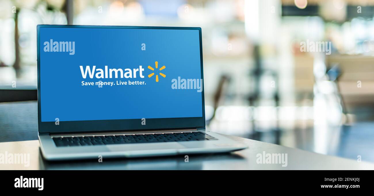 POZNAN, POL - JAN 6, 2021: Laptop computer displaying logo of Walmart Inc., an American multinational retail corporation headquartered in Bentonville, Stock Photo