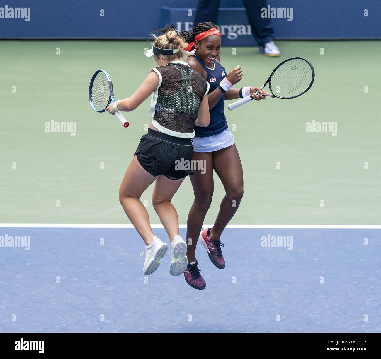 Coco Gauff, Catherine McNally (USA) celebrate victory in round 2 women  doubles of US Open Championship against Nicole Melichar (USA), Kveta  Peschke (Czech Republic) at Billie Jean King National Tennis Center (Photo