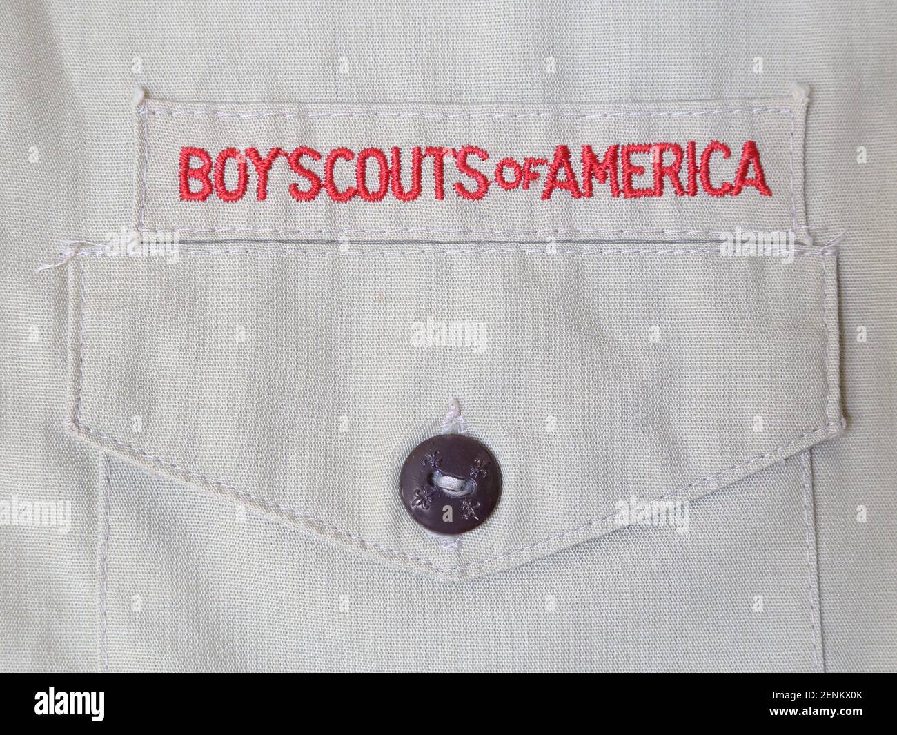 Los Angeles, CA / USA - Feb. 17, 2021: A Boy Scouts of America text patch is shown on a uniform shirt up close. For editorial uses only. Stock Photo