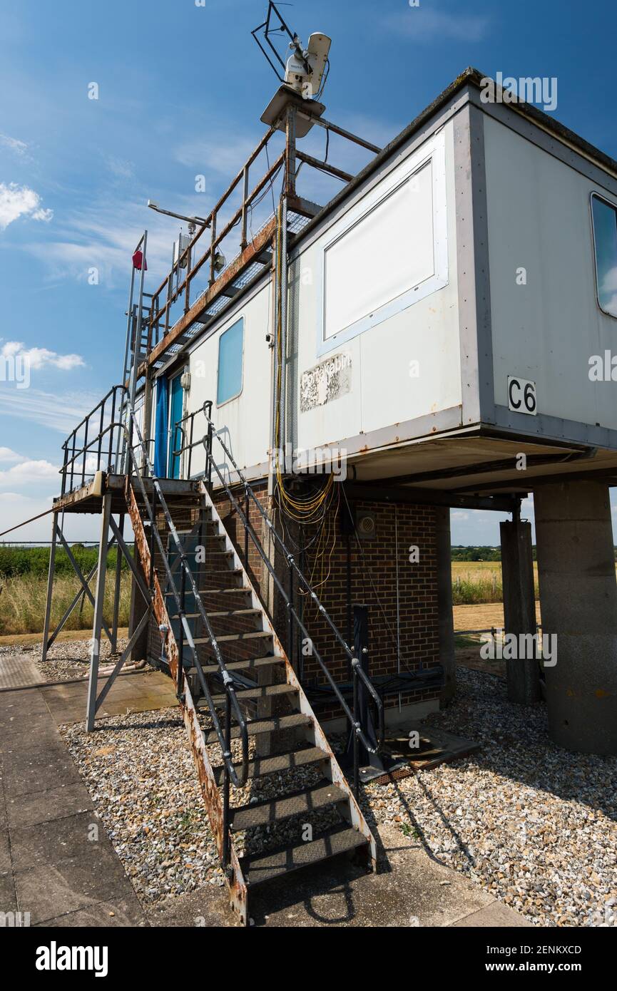 Cabin base for meteorological measurements at the Science and Technology Facilities Council's Chilbolton Observatory, Hampshire. Stock Photo