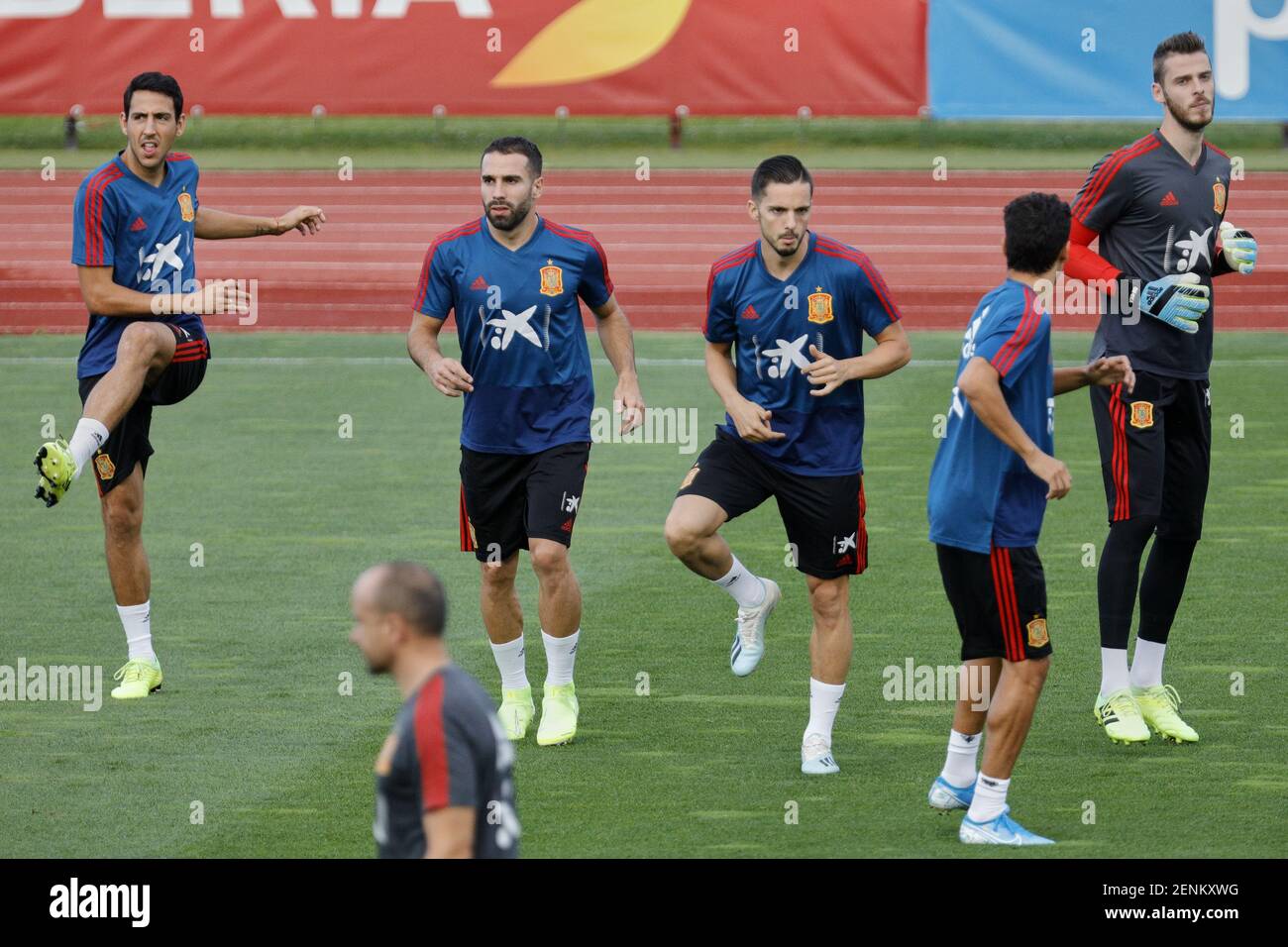 Dani Carvajal and Pablo Sarabia with other players are seen during a  Training Session for the Spanish national football team at Ciudad del Futbol  in Las Rozas. (Photo by Legan P. Mace /