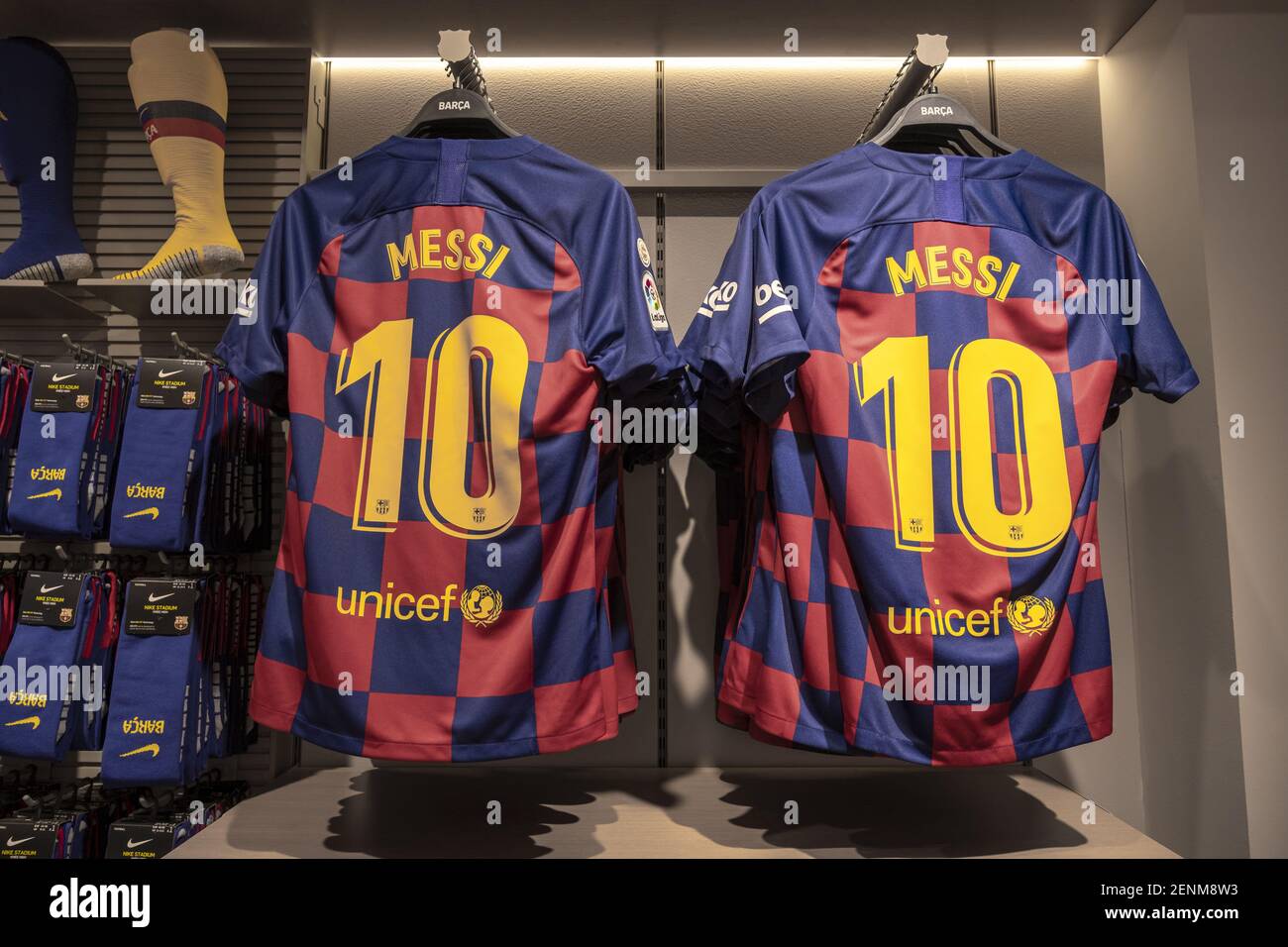 The shirts with the number 10 of Lionel Messi ready for sale at the store.  The FC Barcelona football club opens a new store in the heart of the  Ramblas of Barcelona.