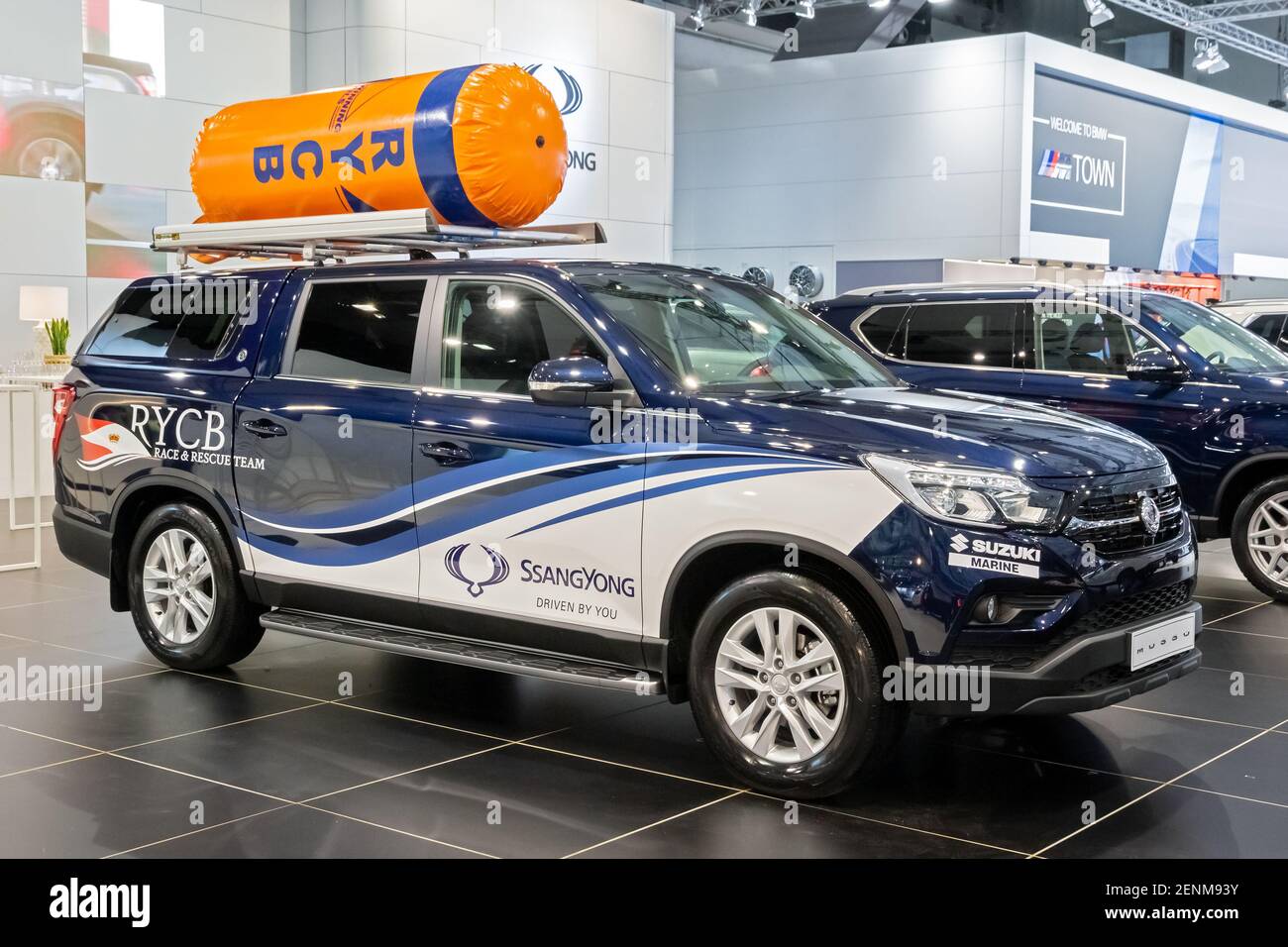 SsangYong Musso car at the Brussels Autosalon Motor Show. Belgium - January 18, 2019. Stock Photo