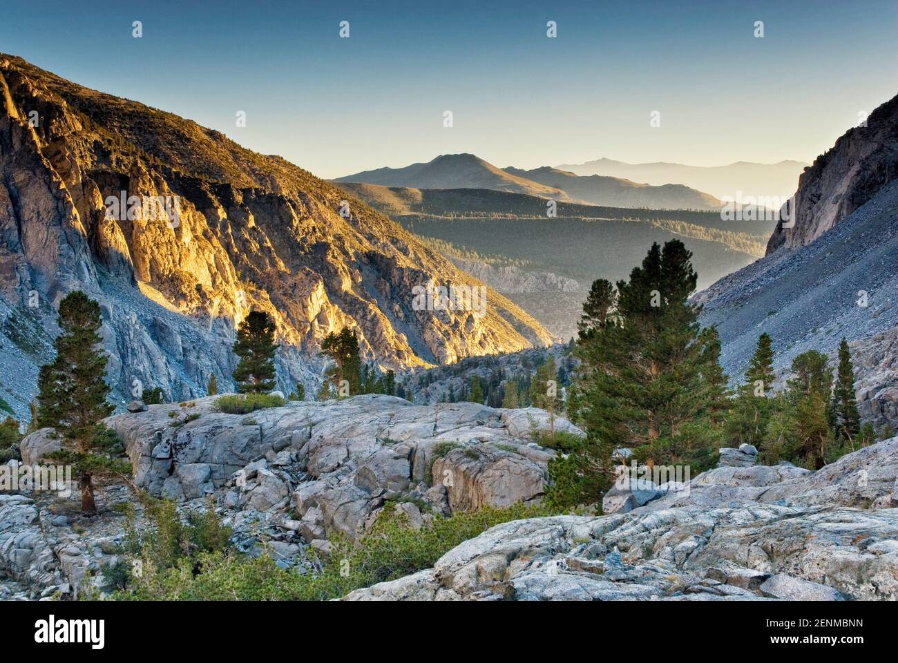 Big Pine Creek Canyon, White Mountains in dist, sunrise, The Palisades, John Muir Wilderness, Eastern Sierra Nevada, California, USA Stock Photo