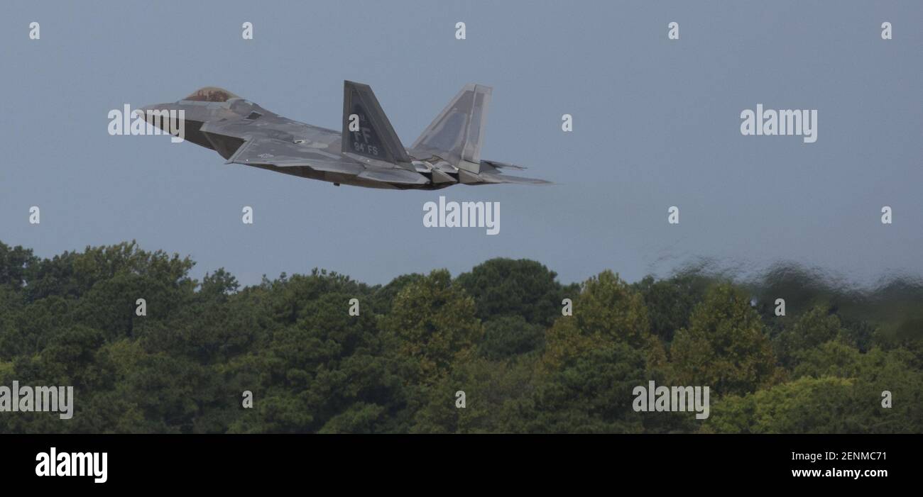 An F-22 Raptor jet clears the runway after takeoff at Langley Air Force Base on Wednesday, September 4, 2019. “As a precautionary measure, we are relocating our F-22s and T-38s to a location outside of Dorian’s projected path,” said Col. David Lopez, 1st Fighter Wing commander. “We are coordinating with our Team Langley Mission Partners to send the appropriate aircrew, maintenance, and support personnel in order to ensure the safety and security of our aircraft.'(Adrin Snider/Newport News Daily Press/TNS/Sipa USA) Stock Photo