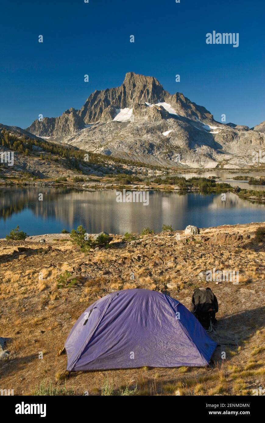 Campsite at Thousand Island Lake below Banner Peak, John Muir Trail, Sierra Nevada, Ansel Adams Wilderness, California, USA Stock Photo