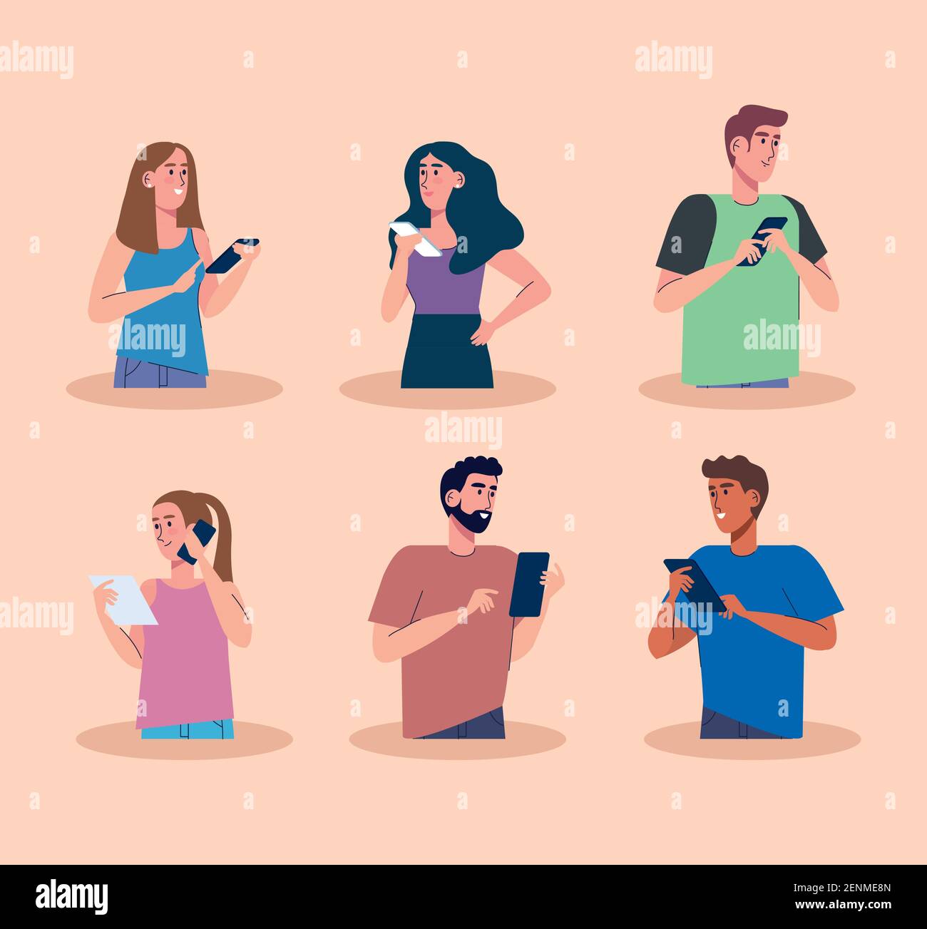 young six persons using smartphones technology Stock Vector