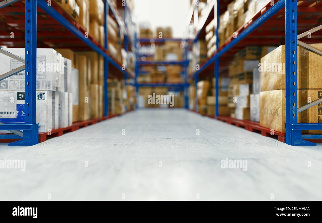 Warehouse or storehouse. Blurred background. 3d rendering Stock Photo