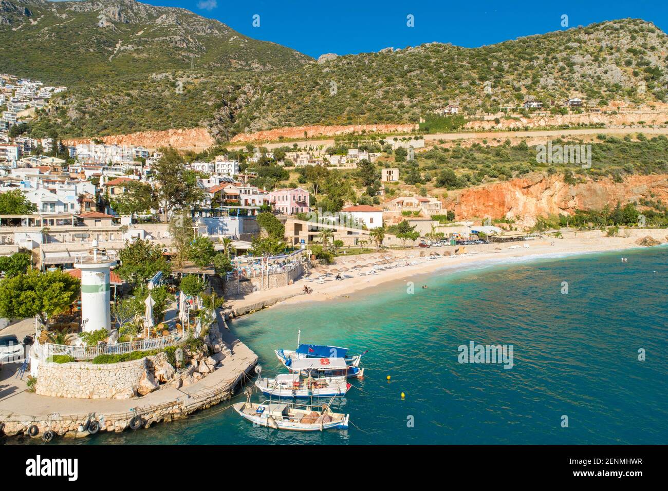 Aerial view of Kalkan Beach in the town of Kalkan, Antalya, Turkey