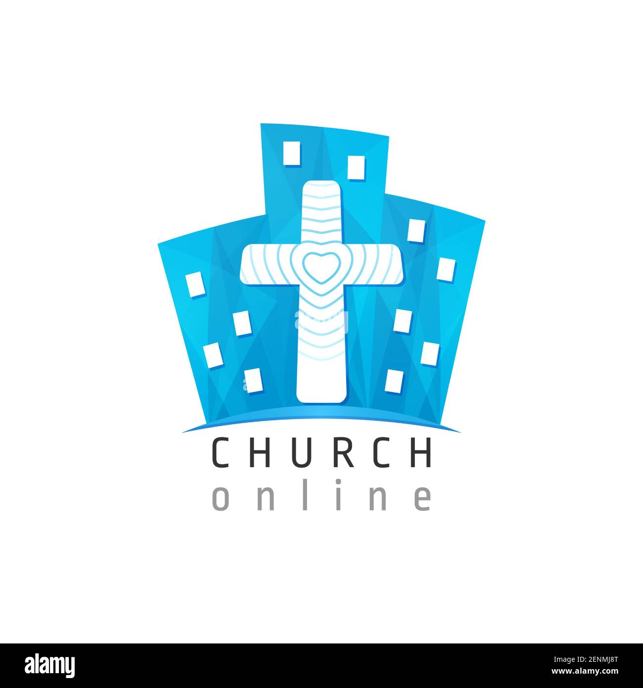 City and cross blue logotype concept. Stained glass logo idea. Religious creative 3D icon, christian education symbol. Internet church sign. Brand but Stock Vector