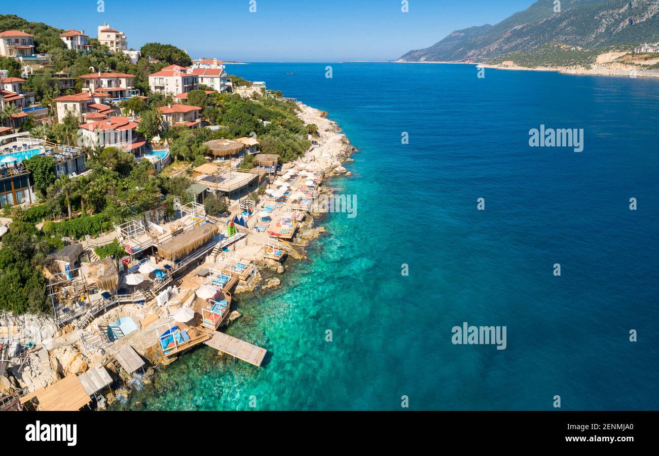 Aerial coastal view of villas, day beds, and swimming platforms on the Kaş peninsula, Kaş, Antalya, Turkey Stock Photo