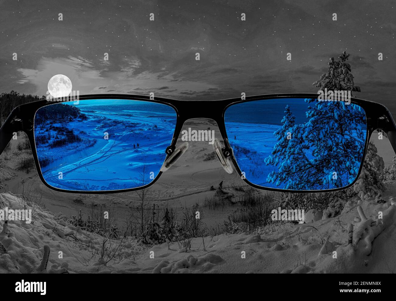 Good vision at night. Beautiful starry night in glasses with desaturated background. Stock Photo