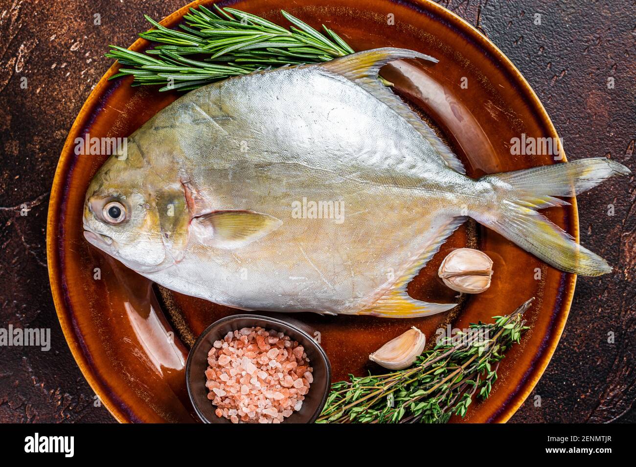 Fresh Raw Florida Pompano fish on a rustic plate. Dark background. Top view  Stock Photo - Alamy