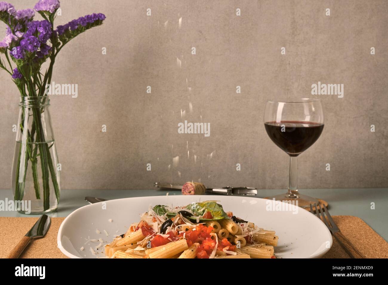 Pasta and red wine, sunday like flavour Stock Photo