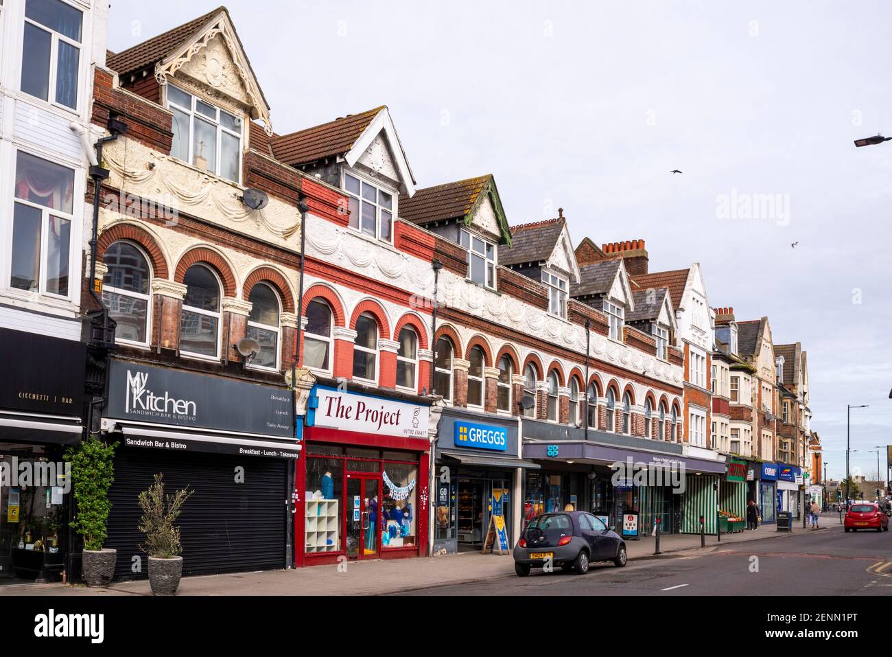 Shops architecture in Hamlet Court Road, Westcliff on Sea, Essex, UK, which is originally an Edwardian era retail high street. Gabled dormers row Stock Photo