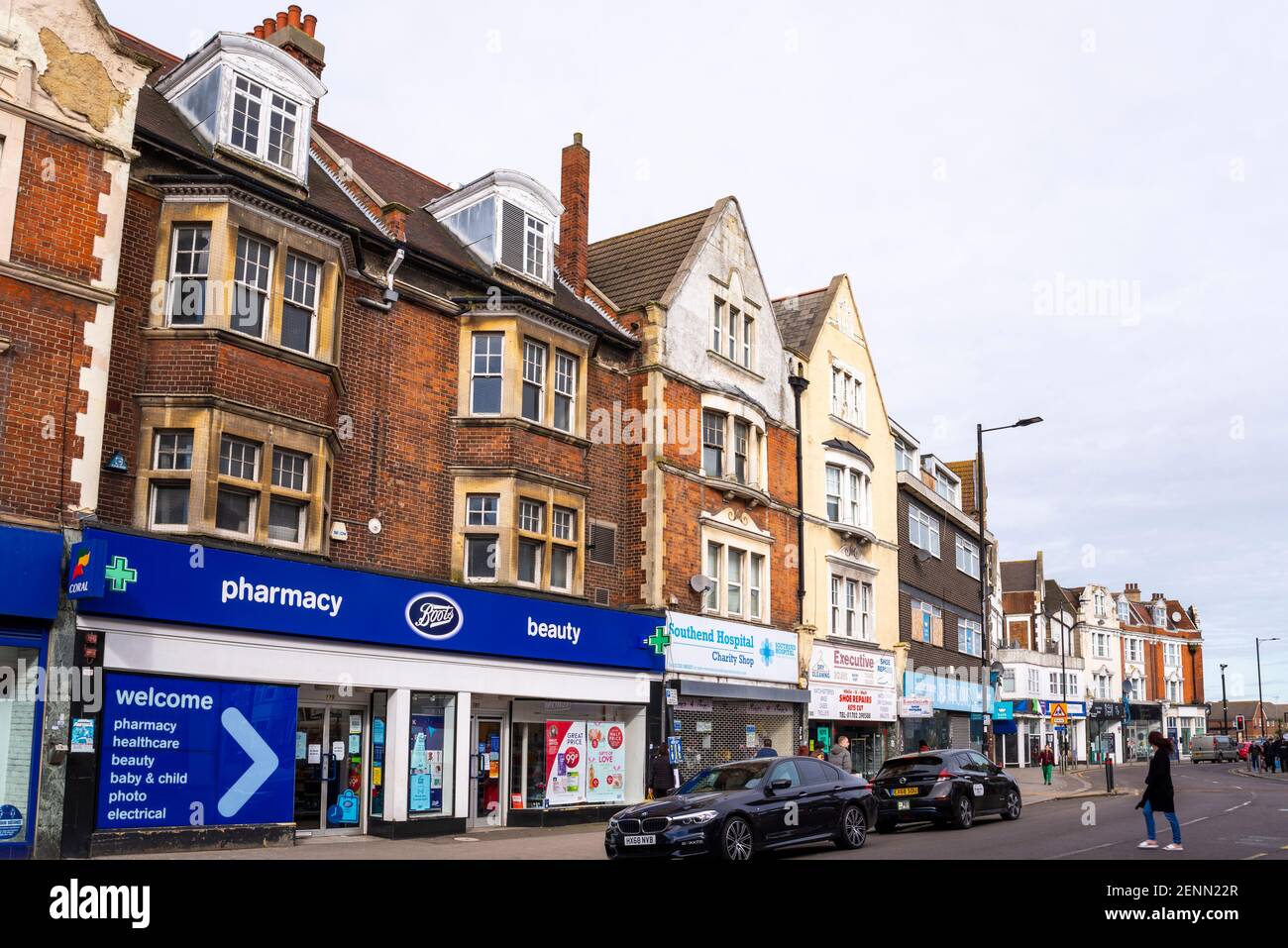 Property, architecture in Hamlet Court Road, Westcliff on Sea, Essex, UK, which is originally an Edwardian era retail high street. Boots chemist Stock Photo