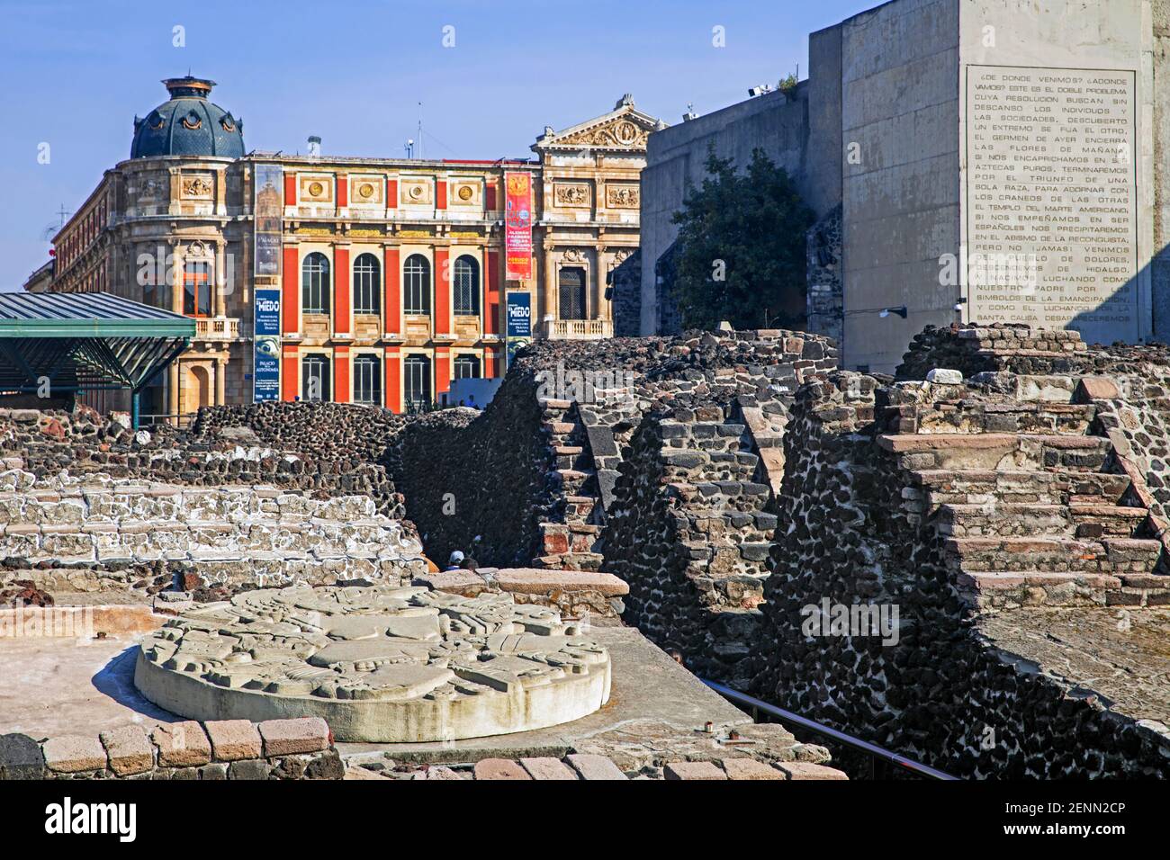 Templo Mayor / Greater Temple, pyramid built by the Aztecs with disk depicting dismembered Coyolxauhqui in the historic center of Mexico City Stock Photo