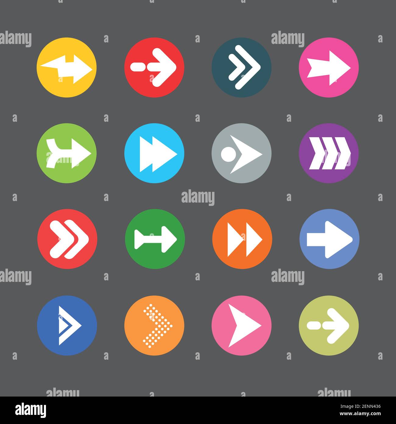 Arrow sign icon set. Simple circle shape internet button on gray background. Stock Vector