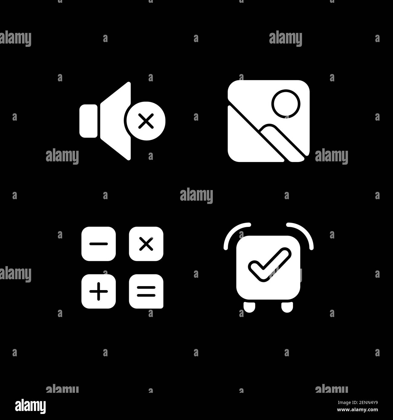 Smartphone interface white glyph icons set for dark mode Stock Vector
