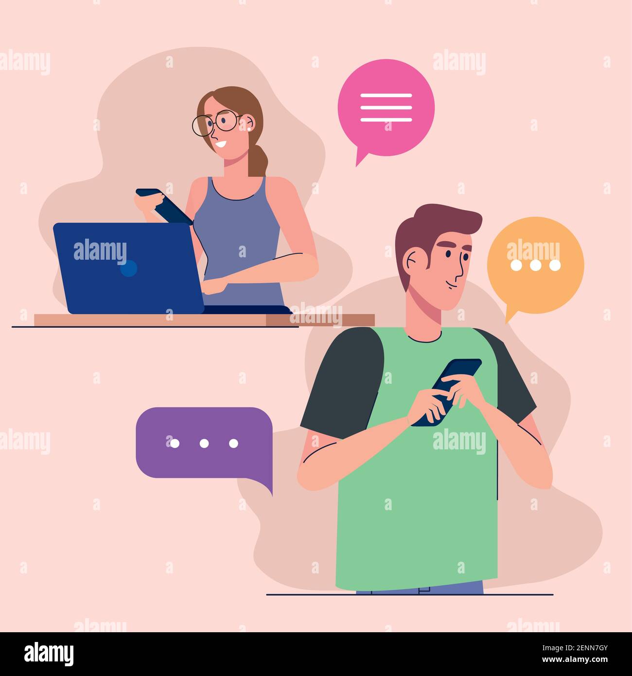 young couple using smartphone and laptop characters Stock Vector