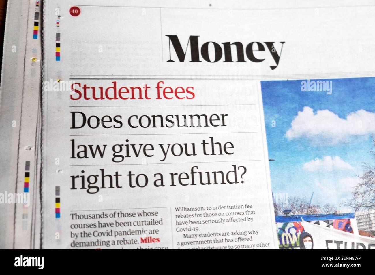 'Student fees Does consumer law give you the right to a refund?' Money financial Guardian newspaper headline article in 20 February 2021 London UK Stock Photo
