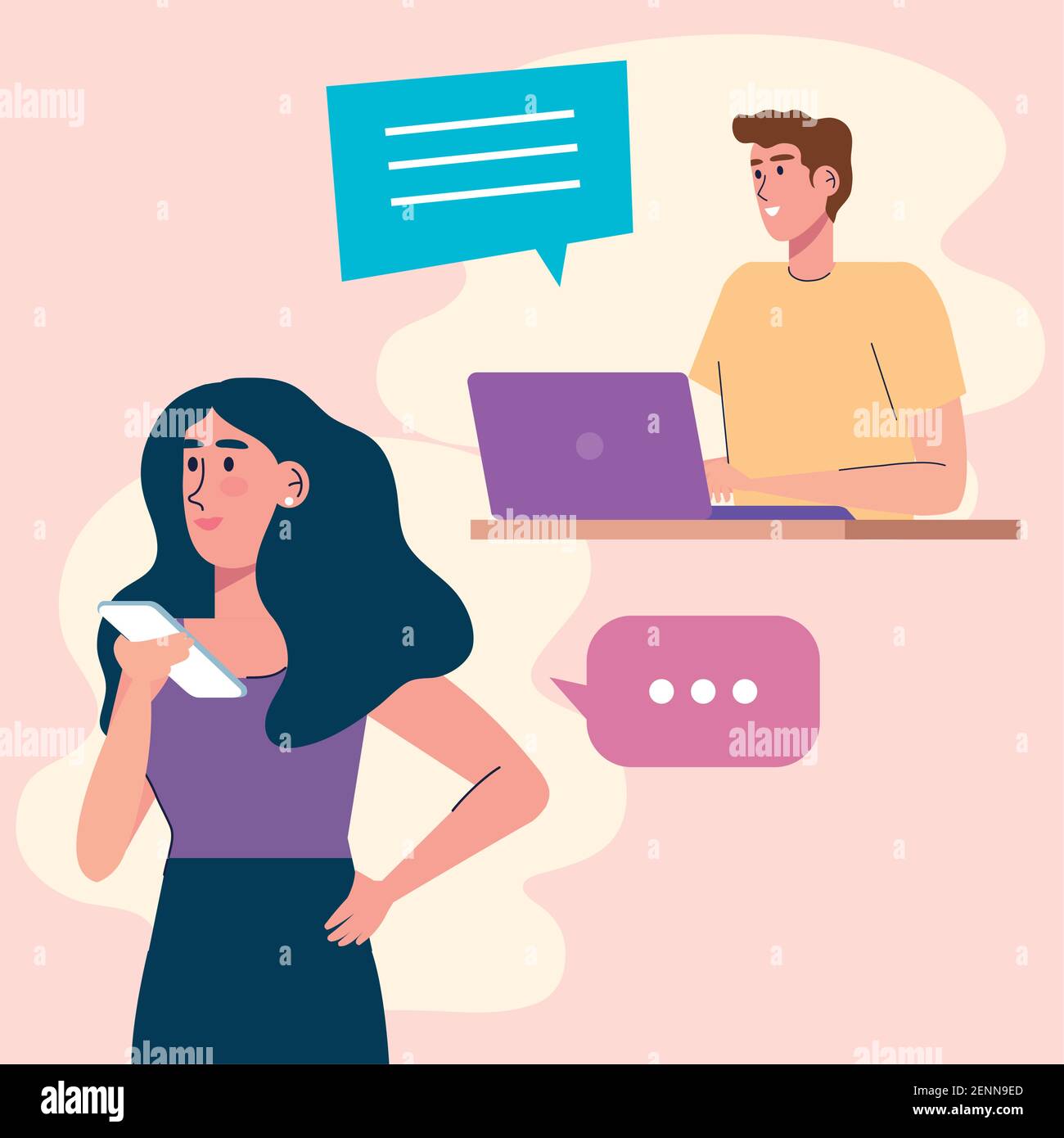 young couple using smartphone and laptop technology Stock Vector