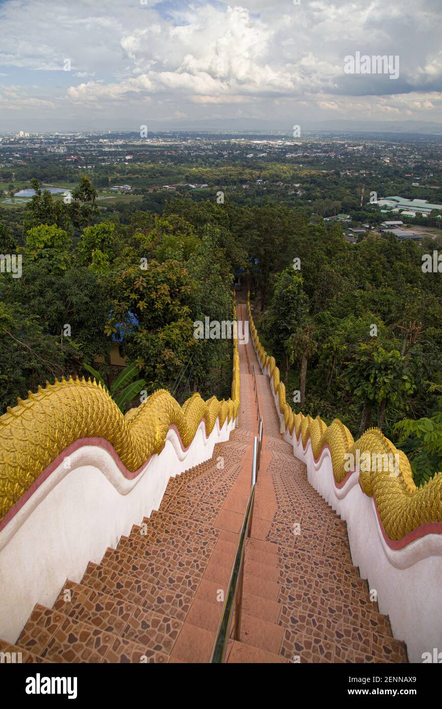 Naga Stairs at Wat Phra That Doi Kham in Chiang Mai, Thailand. Stock Photo
