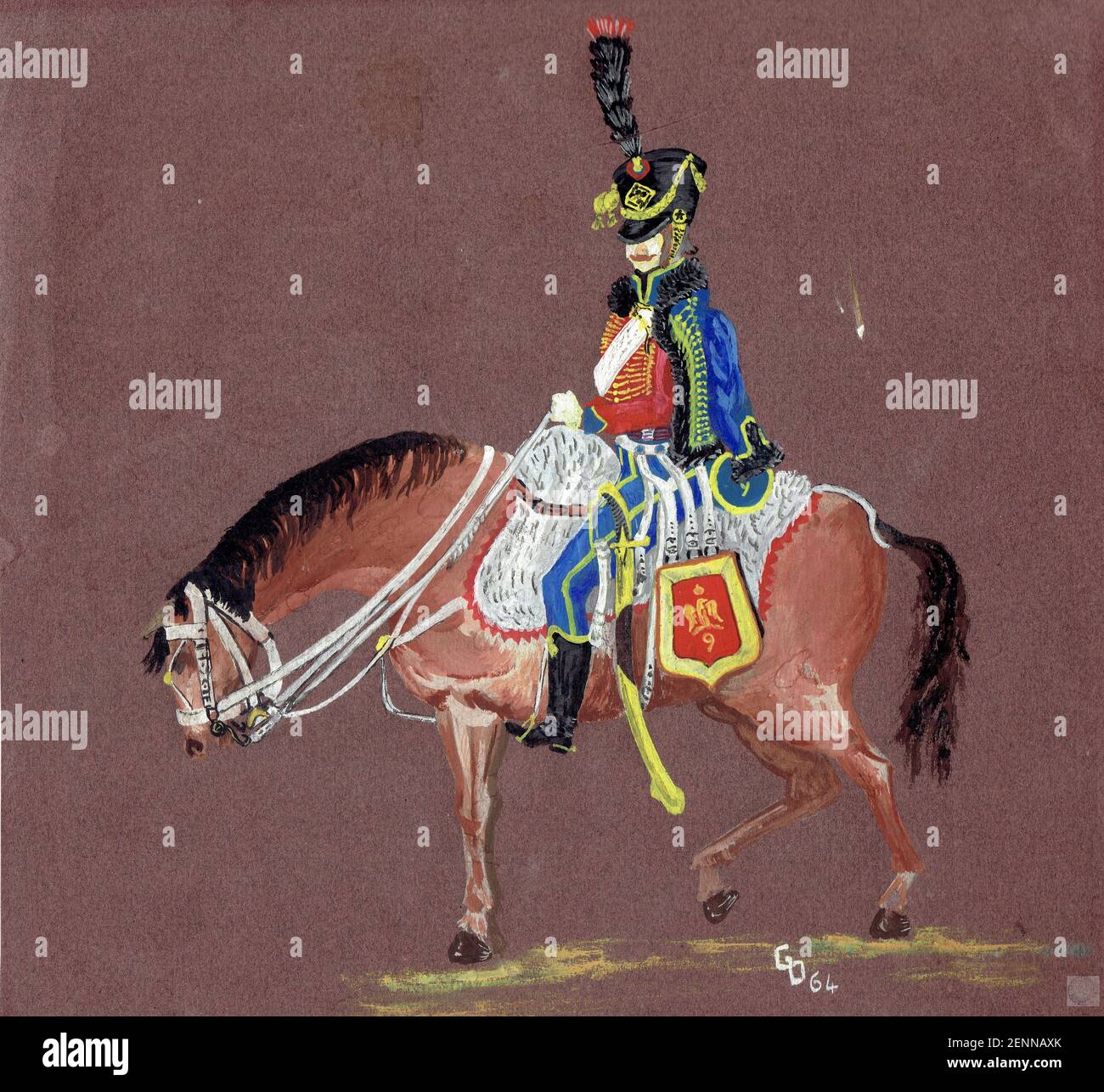 Aquarelle Shako de Colonel de Hussard Grande Tenue - Militaria