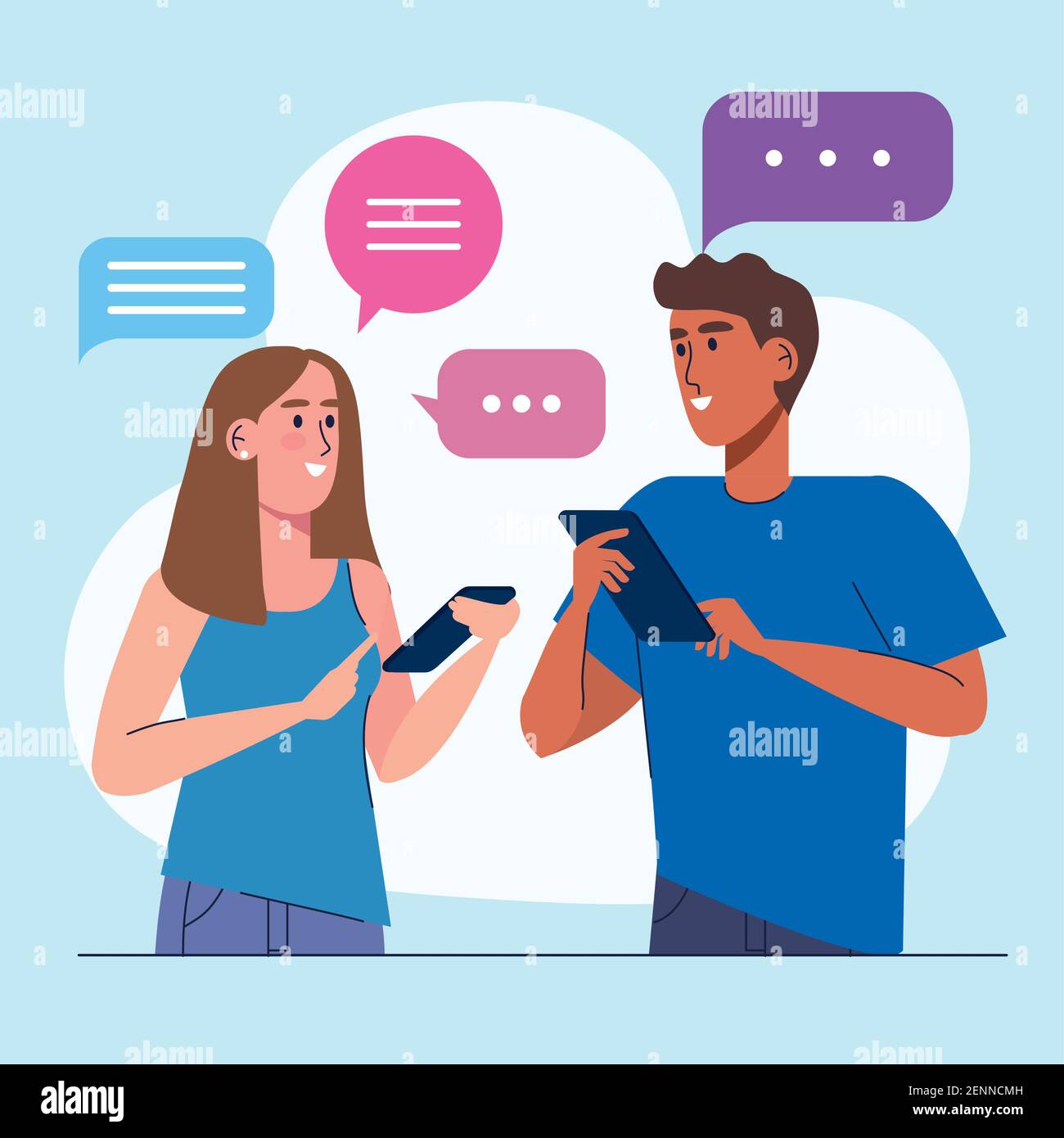 interracial couple using smartphones technology Stock Vector