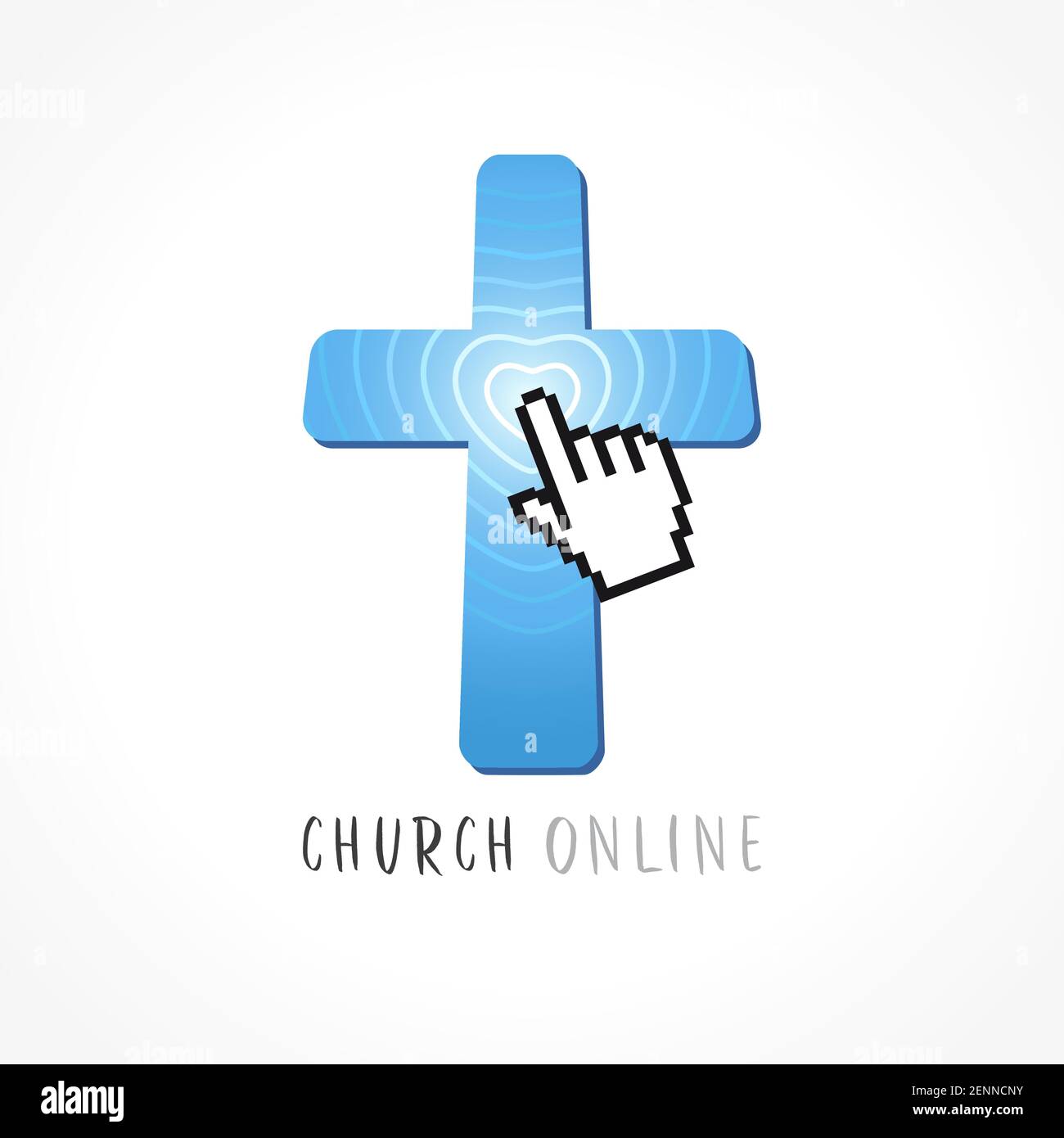 Cross, tap finger and heart radio waves logo. Religious creative christian logotype. Pixel symbol. Isolated abstract graphic web design template. Phon Stock Vector