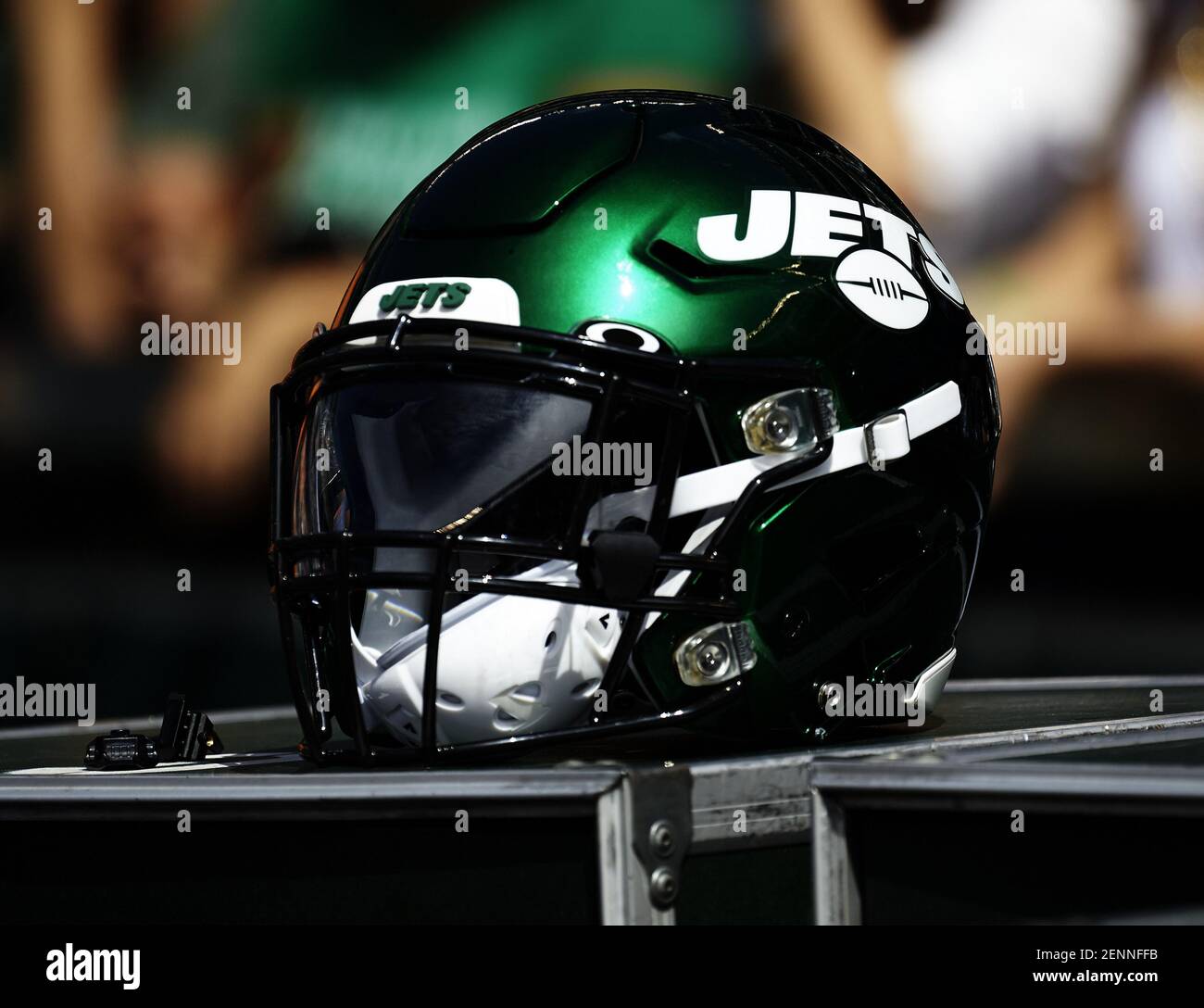 September 8, 2019, East Rutherford, New Jersey, USA: New York Jets helmet at a NFL game between the Buffalo Bills and the New York Jets at MetLife Stadium in East Rutherford, New September 8, 2019, East Rutherford, New Jersey, USA: New York Jets helmet at a NFL game between the Buffalo Bills and the New York Jets at MetLife Stadium in East Rutherford, New