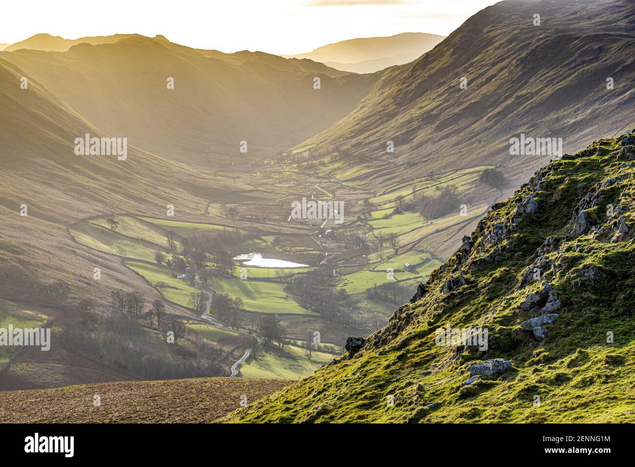 A winter landscape up Boredale in the English Lake District viewed from Hallin Fell, Martindale, Cumbria UK Stock Photo