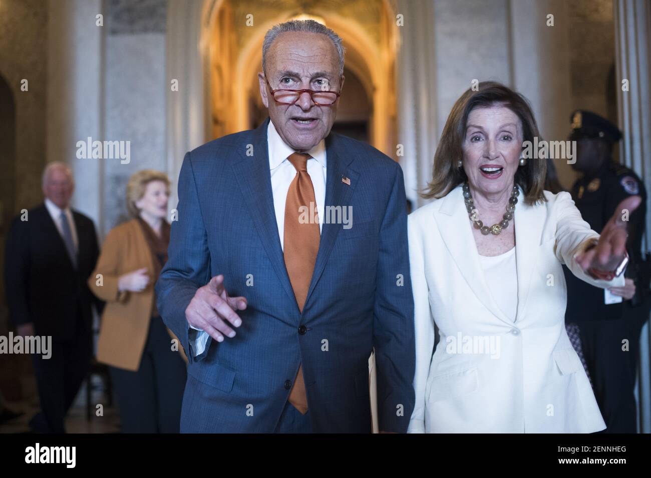 UNITED STATES - SEPTEMBER 09: Speaker of the House Nancy Pelosi, D-Calif., and Senate Minority Leader Chuck Schumer, D-N.Y., make their way to a news conference in the Capitol to call on the Senate to vote on the Bipartisan Background Checks Act on Monday, September 9, 2019. (Photo By Tom Williams/CQ Roll Call/Sipa USA) Stock Photo
