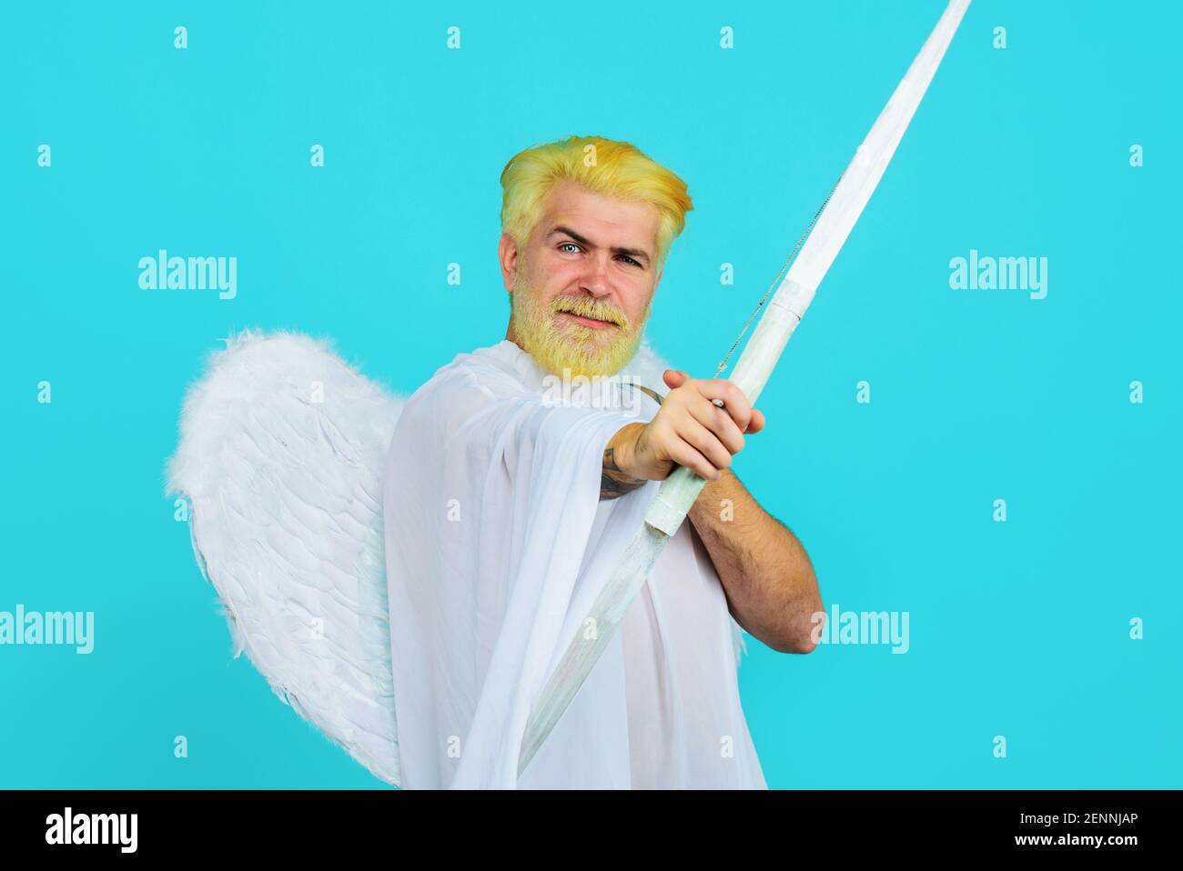 Cupid with bow. Angel with white wings. Symbol of love. Happy Valentines Day. Amour. Stock Photo