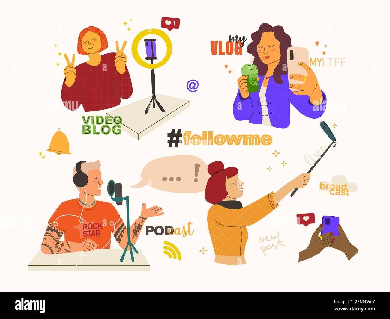 Set of vector concept illustrations for blog, vlog and podcast. Various characters or bloggers create video and audio content for social media. Flat i Stock Vector