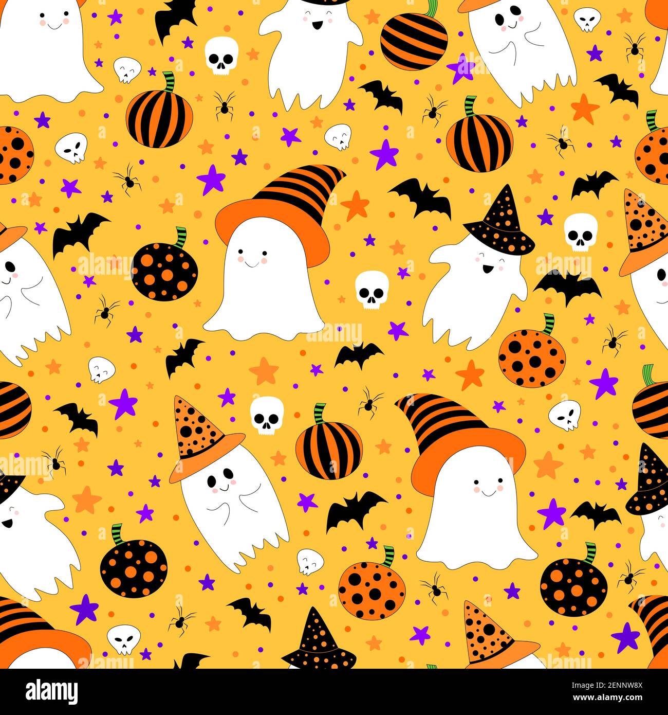 Halloween seamless pattern with cute ghosts in hats, funny ...