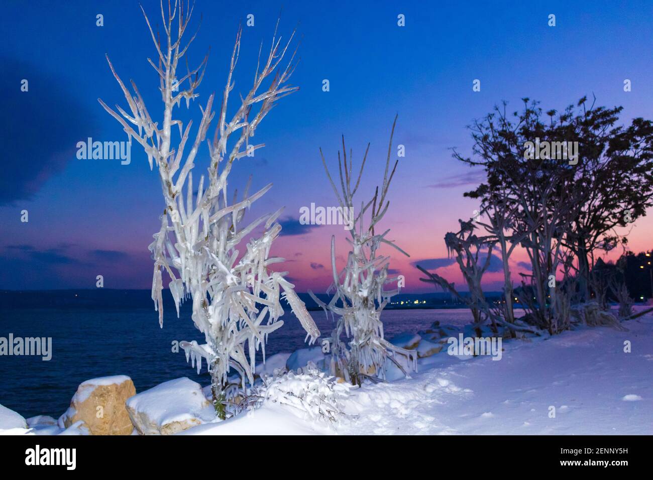 Varna city beach covered with snow on cold winter day, quiet winter