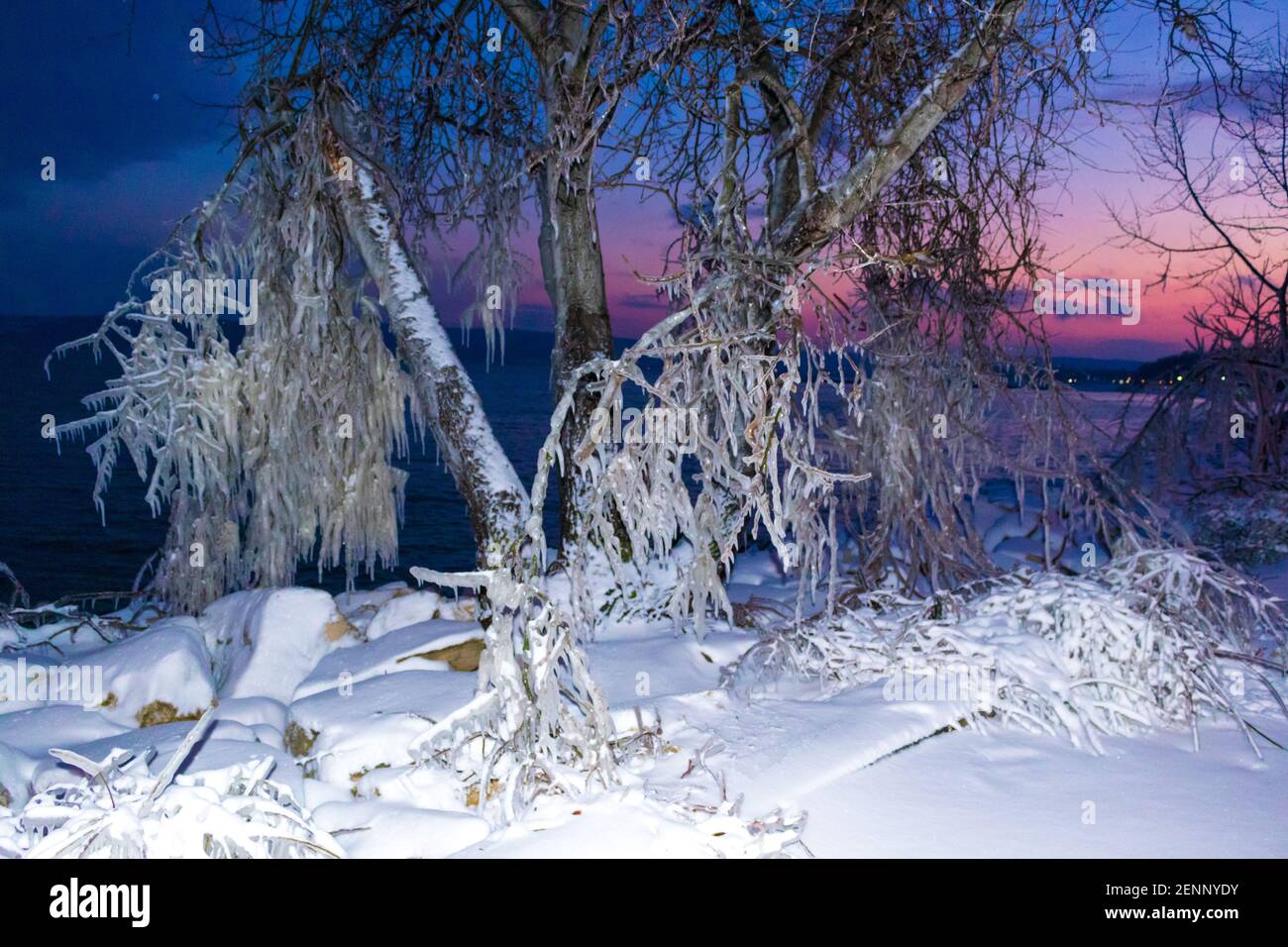 Varna city beach covered with snow on cold winter day, quiet winter