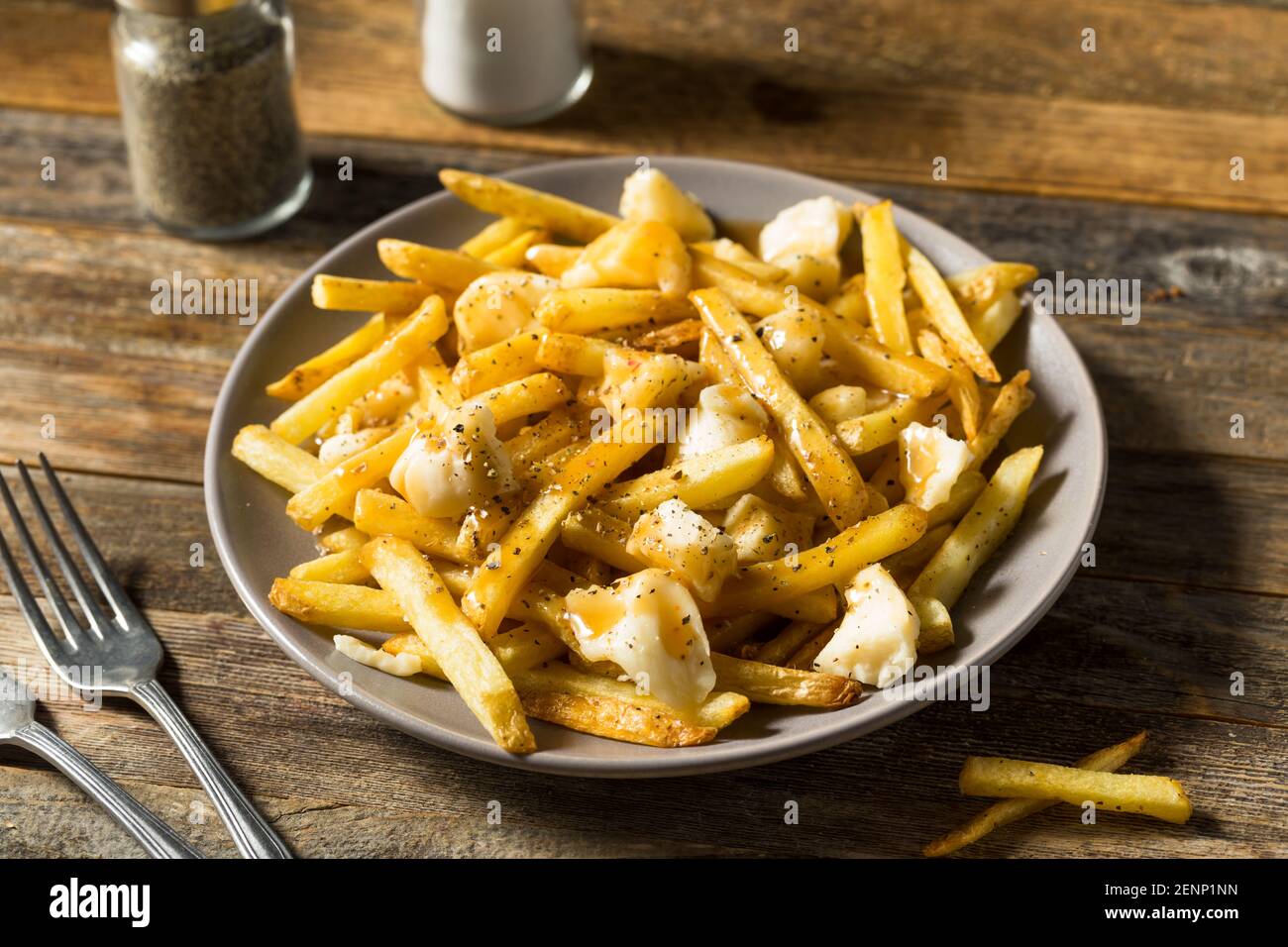 Homemade Unhealthy Canadian Poutine French Fries with Gravy and Cheese