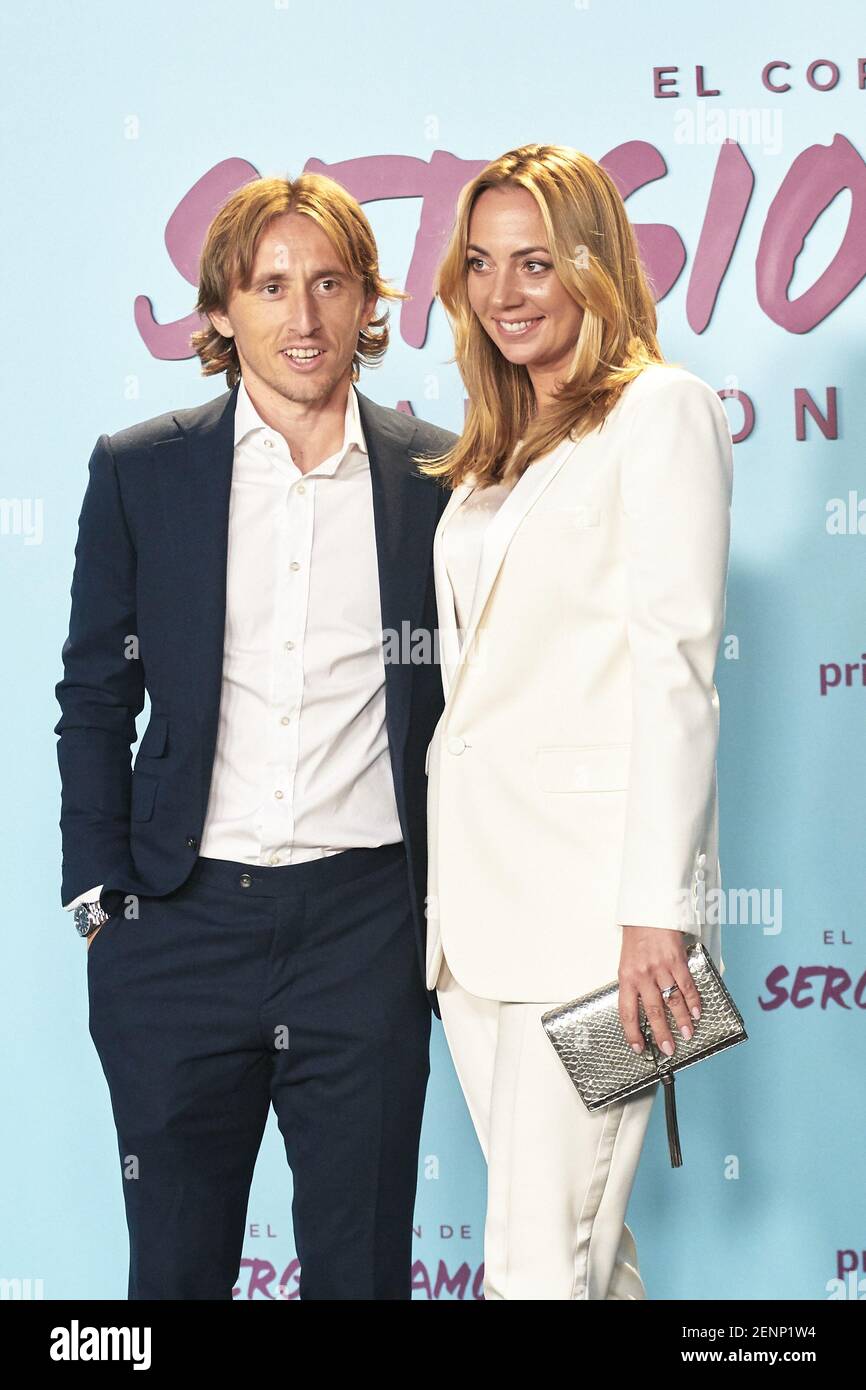 Seville, Spain. 15th June, 2019. Seville, Spain. 15th June, 2019.  Soccerplayer Luka Modric and wife Vanja Bosnic during the wedding of Sergio  Ramos and Pilar Rubio in Seville on Saturday, 15 June