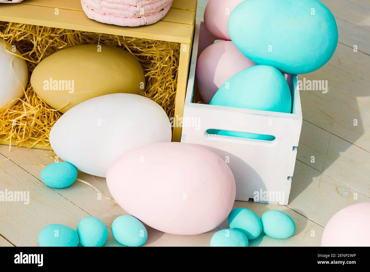 Happy Easter card. Frame with gold and blue speckled easter eggs with ...