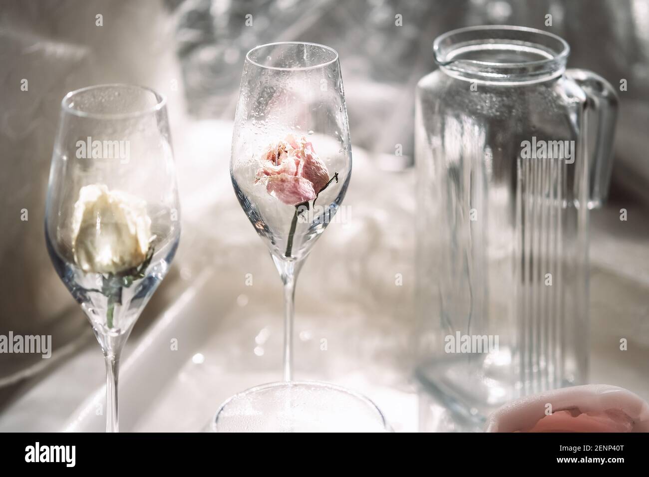 The jar and two empty glasses with dry roses on the table Stock Photo