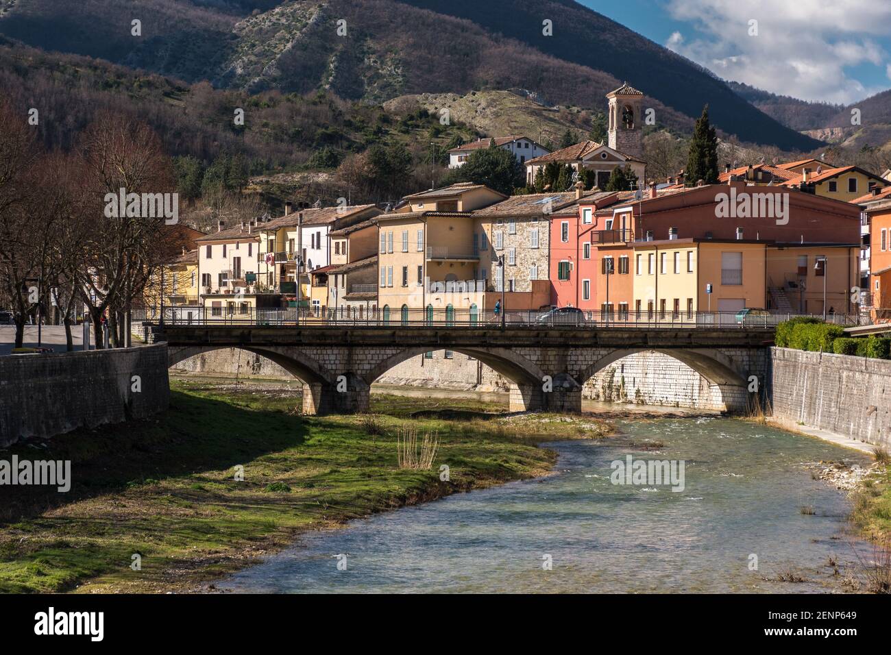The small town of Piobbico with the river Candigliano in the Pesaro-Urbino province (Marche, Italy) Stock Photo