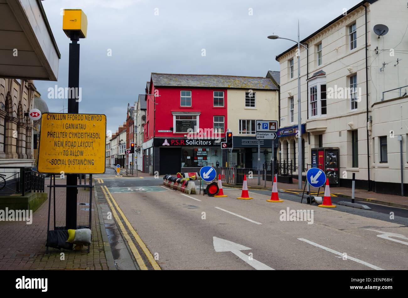 Rhyl, Denbighshire; UK: Feb 21, 2021: Signage for a new road layout to allow social distancing on Bodfor Street. Stock Photo