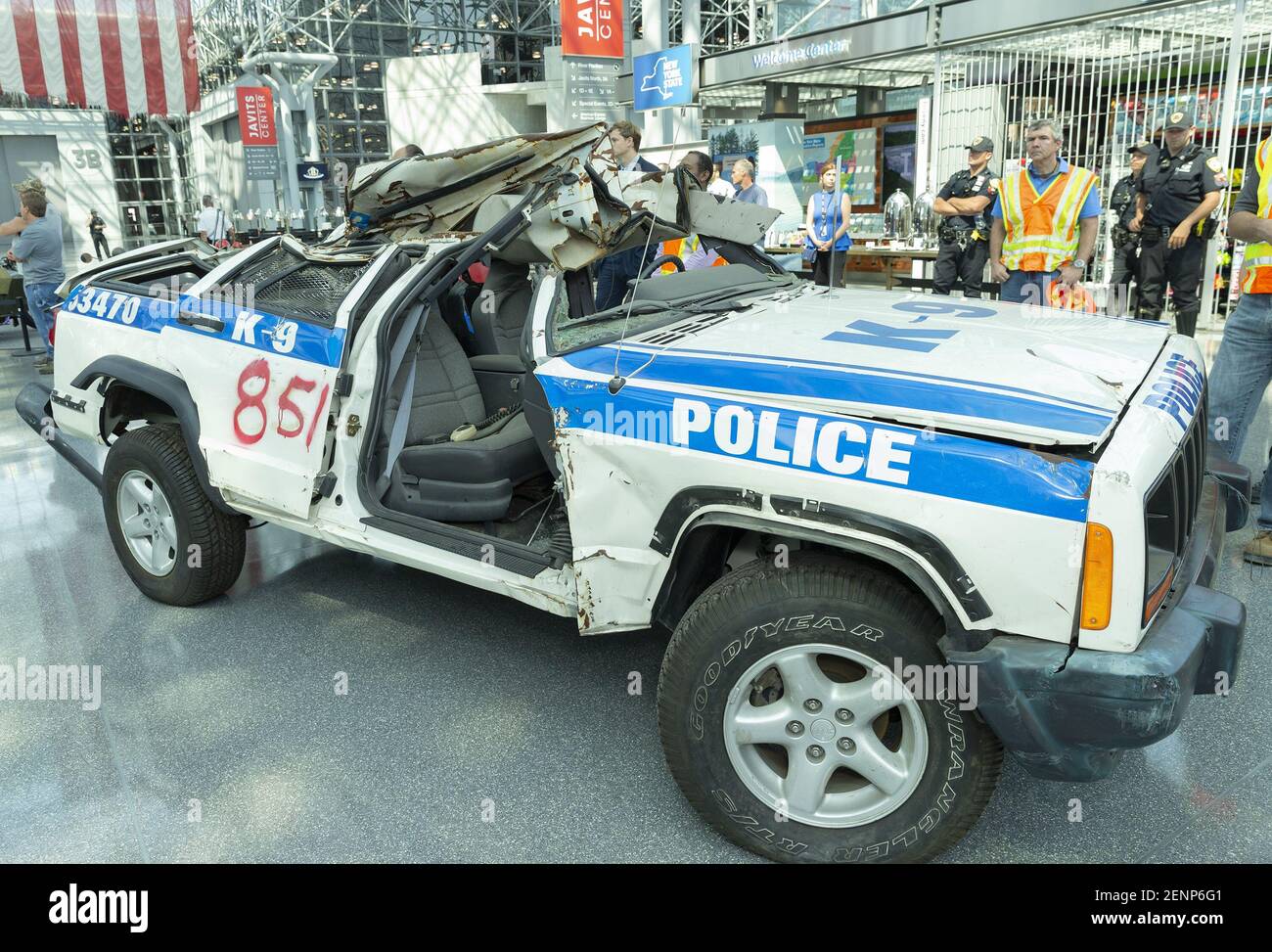 Damaged NYPD car on display during 9/11 Memorial Ride at Jacob Javits ...